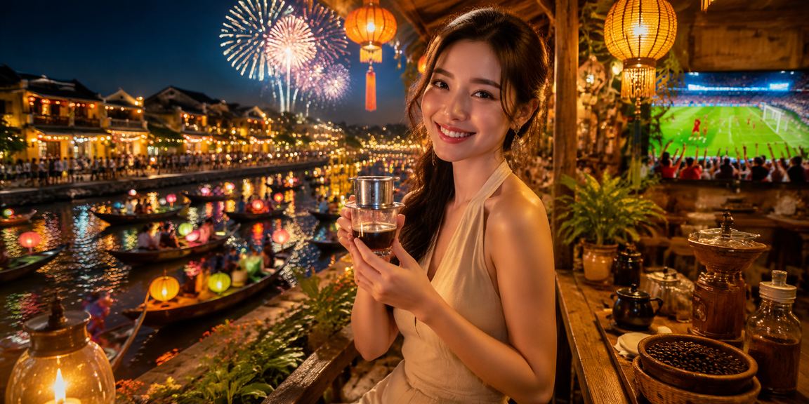 Người dùng theo dõi kèo cược tại quán cà phê Hội An buổi chiều