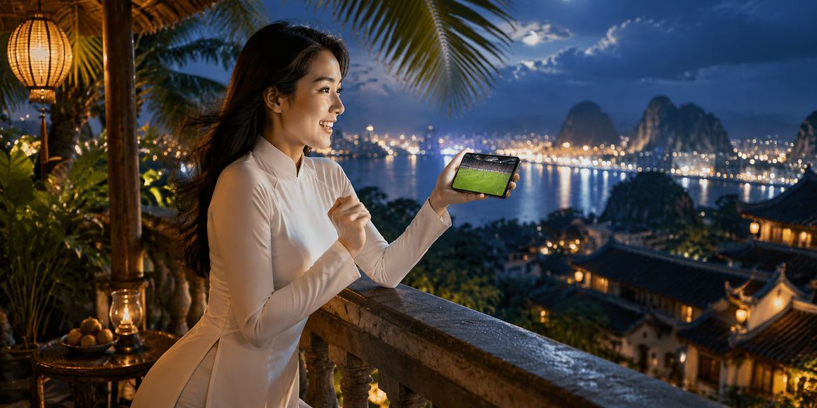 Người dùng theo dõi kèo bóng đá tại Ninh Bình với phong cảnh núi đá mờ sương